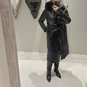 Black Faux Fur Trim Belted Long Coat